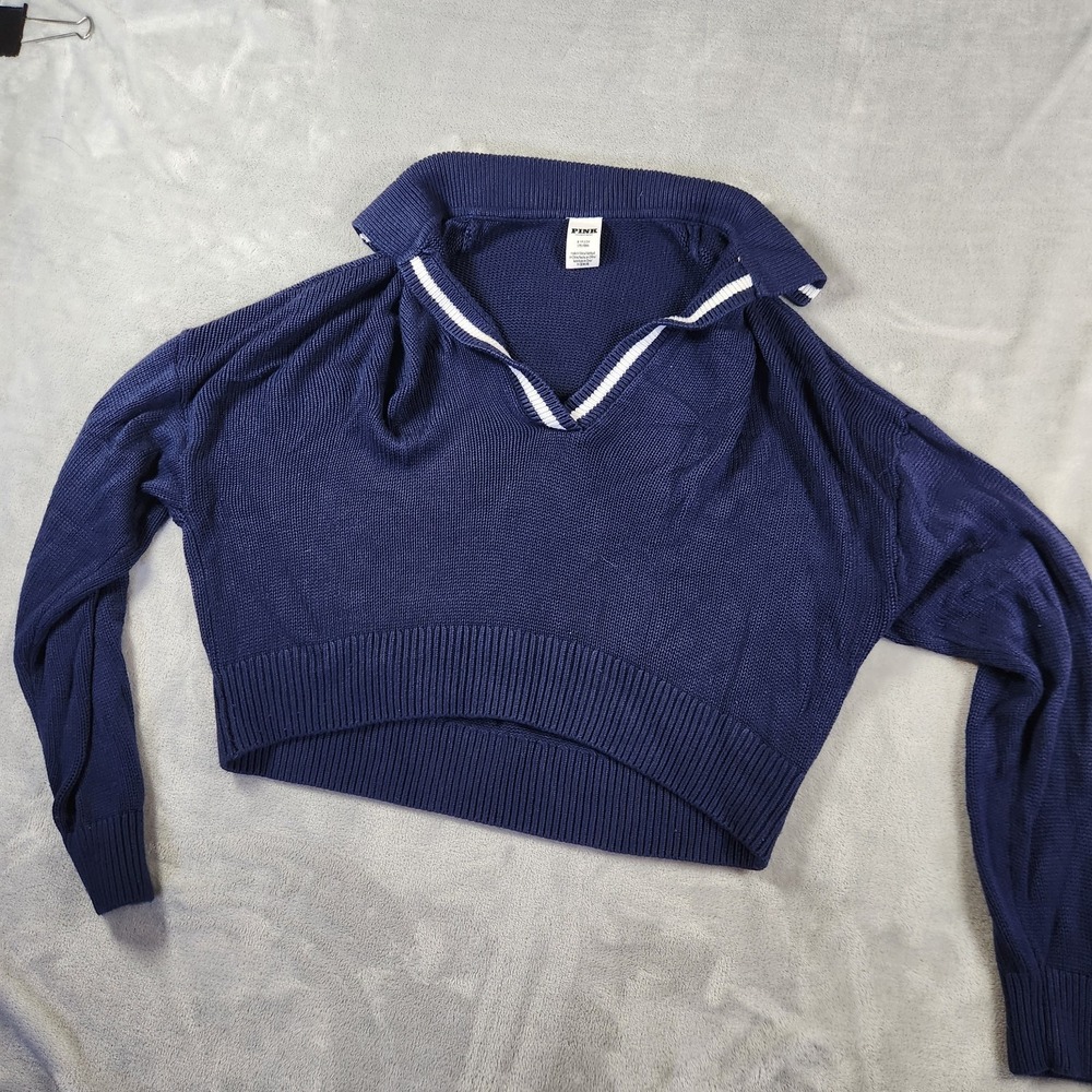 PINK Victoria's Secret Cropped Sweater S Oversized V-Neck Navy Preppy 90s Cozy‎